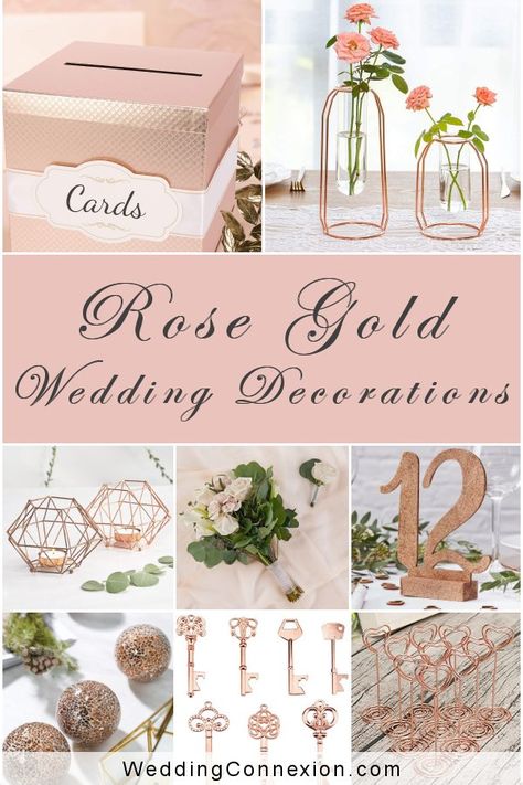 Rose Gold Rustic Wedding, Rose Gold Centerpiece Ideas, Black And Rose Gold Wedding Theme Table Settings Centerpieces, Rose Gold Centerpieces Wedding, Rose Gold Wedding Accents, Summer Wedding Decoration Ideas, Gold Wedding Ceremony Decor, Rose Gold Wedding Theme, Rose Gold Bridal Shower Decor