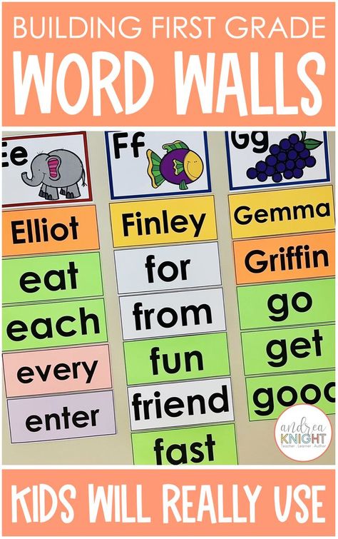 A well-planned word wall can be a really powerful literacy tool in first grade classrooms. If you're new to first grade, or just want to give your current word wall a facelift, check out this article. This blog post includes ideas and strategies for building first grade word walls kids will use as they grow toward becoming independent writers and readers. Word Wall Ideas Elementary 1st Grades, Classroom Vocabulary Wall, Word Wall Ideas Elementary, 1st Grade Word Wall, Portable Word Wall Kindergarten, First Grade Word Wall, Word Wall Ideas, Portable Word Walls, Sight Word Wall