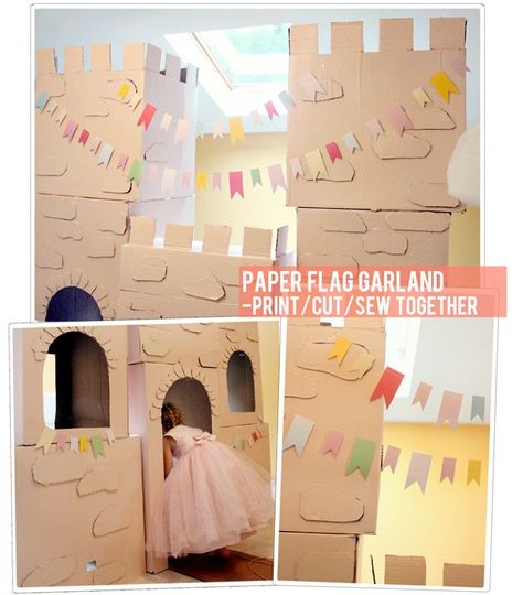 DIY Cardboard Castle Tutorial – Cost:$4 – At Home With Natalie Diy Castle, Preschool Creative Art, Castle Party, Cardboard Castle, Castle Backdrop, Tangled Party, Flag Garland, Trash Compactor, Aim High