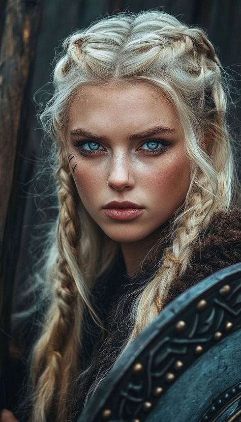 Striking Warrior Shield maiden viking woman with braids and clear blue eyes Nordic Viking Aesthetic Woman, Shield Maiden Hair Viking Braids, Blonde Warrior Aesthetic, Shield Maiden Hairstyles, Female Viking Braids, Shield Maiden Hair, Blonde Viking Woman, Norwegian Hairstyles, Warrior Braids Woman