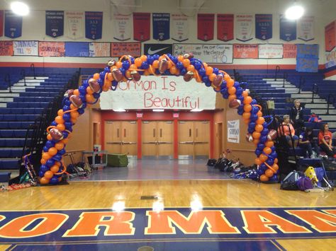 Homecoming Assembly balloon arch in gym, Bishop Gorman Catholic High School Orange Birthday Parties, Homecoming Decorations, Cheer Banquet, Balloon Arch Decorations, Balloon Gifts, Trunk Party, Nerf Birthday Party, Orange Birthday, Balloon Company