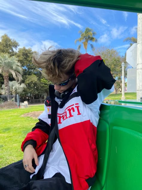 Ferrari Jacket Outfit Man, Strawberry Blonde Hair Blue Eyes, Ferrari Jacket Outfit, Racer Fashion, Mens Preppy Outfits, Man Pp, Car Outfit, Black Doberman, Fit School