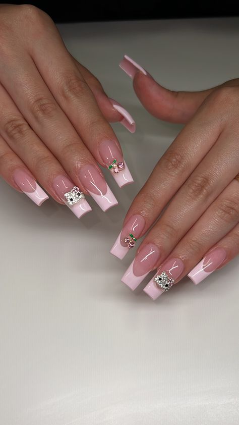 pink french hello kitty nails Tapered Square Nails Hello Kitty, French Hello Kitty Nails, Medium Hello Kitty Nails, French Tip Nails Hello Kitty, Nails With Hello Kitty Charms, Hello Kitty Nails Almond, Simple Hello Kitty Nails, Pink Nails Hello Kitty, French Hello Kitty