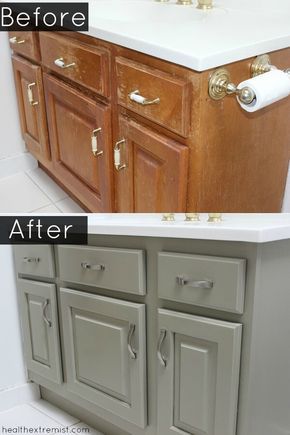 Before and After How to Refinish a Bathroom Vanity All Naturally - I refinished my bathroom vanity naturally with no chemicals, no VOCs and no toxins. How To Paint A Bathroom Vanity, Repaint Bathroom Vanity, Painting Bathroom Vanity, Vanity Restoration, Painted Bathroom Cabinets, Refinished Vanity, Bathroom Shades, Bathroom Renovation Diy, Painted Vanity Bathroom