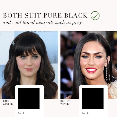 Colour analysis comparison, True Winter VS Bright Winter 🖤 . #coloranalysis #colouranalysis #coloranalyst #winterpalette #zooeydeschanel #meganfox Cool Winter Vs Bright Winter, Bright Winter Celebrities, Color Seasons, Colour Analysis, Clear Winter, True Winter, Seasonal Color Analysis, Winter Inspo, Bright Winter