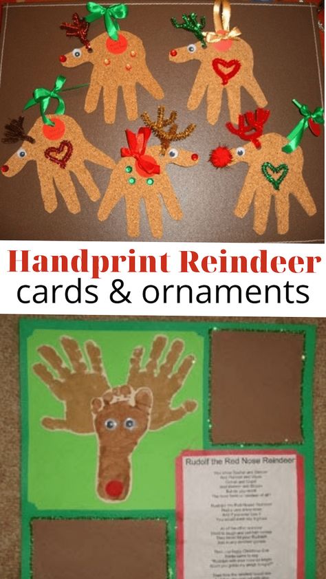 Hand Print Reindeer, Christmas Card Homemade, Handprint Reindeer, Handprint Christmas Cards, Holiday Craft Ideas, Reindeer Christmas Cards, Reindeer Handprint, Reindeer Christmas Card, Card Homemade