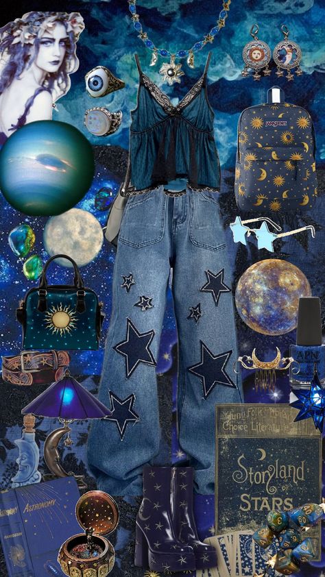 blue sun and moon outfit #outfitinspo#whimsigoth #outfit #blue #astrology #blue #jewelry #sunandmoon #sun #moon #style #jewelry #shoes Blue Goblincore Outfit, Planetarium Date Outfit, Astroacademia Outfits, Space Clothing Aesthetic, Astrology Outfits Aesthetic, Mooncore Aesthetic Outfit, Moon Outfit Aesthetic, Astro Academia, Sun Inspired Outfit