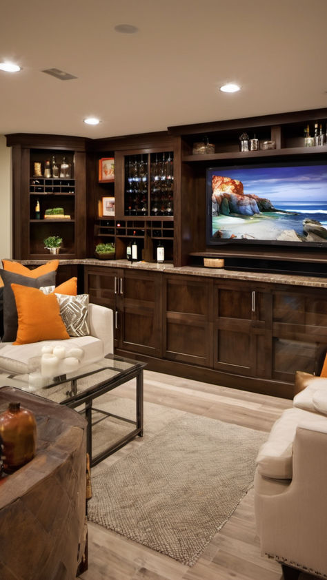 Raise a Glass to Basement Happiness: At-Home TV Bar Designs! Tv Wall With Bar Unit, Tv And Bar Wall Unit, Bar And Tv Wall, Tv Bar Wall Ideas, Home Bar With Tv, Basement Bar With Tv, Family Room Flooring, Bar With Tv, Family Room Organization