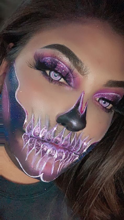 #purple #skull #skulltress #glitter #glittermakeup #halloween #halloweenmakeup #makeup Purple Makeup Halloween, Pink Skeleton Makeup, Unicorn Halloween Makeup, Halloween Makeup Purple, Pretty Skull Makeup, Glam Skull Makeup, Pink Skull Makeup, Rhinestone Skull Makeup, Purple Skeleton Makeup