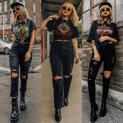 ᑎIᑕOᒪE ᗩᒪYᔕE🙃 on Instagram: "Something as simple as a T-shirt and pants.. made even more simple: all black. Yet we’re still gonna bring the 🔥, always. Which look is your fav? 👉 all shirts (unless tagged) are vintage @americanhoney.vintage 👉 all pants and shoes are tagged if you tap the photo ❤️" Band Shirt Outfits, Concert Outfit Rock, T Shirt And Pants, Look Festival, Band Outfits, Casual College Outfits, Thrifted Outfits, Rock Outfits, Weird Fashion