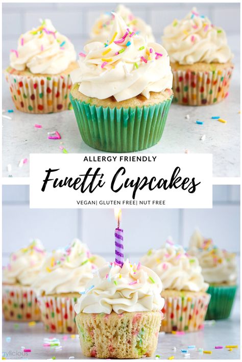 Egg Free Cupcakes, Funfetti Cupcake Recipe, Vegan Gluten Free Cupcakes, Fluffy Recipe, Gluten Free Cupcake Recipe, Vegan Cupcake Recipes, Dairy Free Cupcakes, Vegan Vanilla Cupcakes, Cupcakes Funfetti