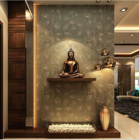 Aesthetic Foyer Ideas, Buddha Foyer Decor, Foyer Design Buddha, Buddha Living Room Decor Ideas, Entryway Ganesh Decor, Buddha At Home Entrance, Buddha In Living Room, Entrance Area Design Entryway, Foyer Buddha