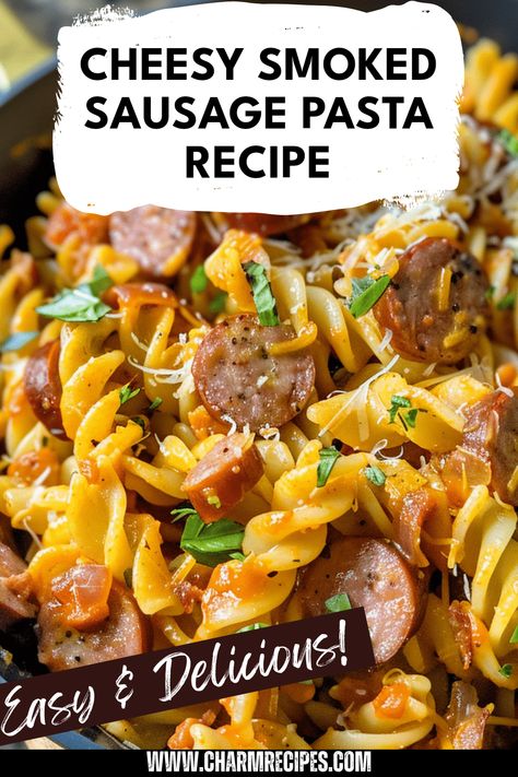 Enjoy a mouthwatering dish of Cheesy Smoked Sausage Pasta that's sure to become a family favorite. This easy and quick recipe combines savory smoked sausage with rich cheese, creating a creamy pasta that's comforting and satisfying. Perfect for busy weeknights, it's hearty enough to please everyone at the dinner table. Serve it up with a side salad or some bread for a complete meal. Get ready to impress your friends and family with this delicious, flavorful comfort food that is a standout in pasta dishes. Easy But Yummy Dinners, Smoked Sausage With Pasta, Smoked Sausage Pasta Bake, Mac And Cheese With Sausage Recipe, One Pan Cheesy Smoked Sausage And Pasta, Cheddar Smoked Sausage Recipes, Pasta And Kielbasa Recipes, Smoked Sausage Crockpot Recipes, Beef Sausage Recipes Dinners