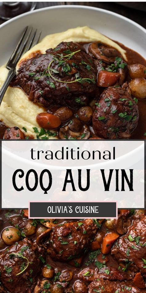 Coq au Vin is a traditional French recipe. It's a stew where chicken is slowly braised in red wine and garnished with mushrooms and pearl onions. Nourishing and comforting, it is easy enough to serve to your family on a cold night, but also so rich and decadent that it will definitely impress friends at a dinner party. French Stew, French Recipes Authentic, Easy French Recipes, Traditional French Recipes, Cooked Chicken Recipes, Pearl Onions, French Recipes, Braised Chicken, Christmas Food Dinner