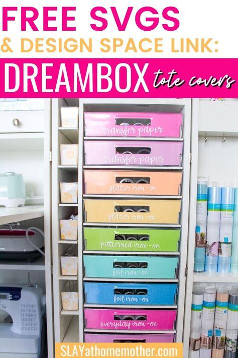 Make your own DIY DreamBox tote covers for all three bin sizes with free SVGS and a Cricut Design Space link! These tote covers can be made with your favorite cardstock or patterned paper to personalize your DreamBox. #slayathomemother #dreambox #createroom #freesvgs #craftroom #craftstorage #organization #crafting #svgs Dream Box Ideas, Dream Box Craft Room Organization, Dreambox Organization Ideas, Dream Box Craft Storage, Desk Organization Tips, Craft Storage Diy, Craft Organisation, Drawer Inserts, Diy Drawers