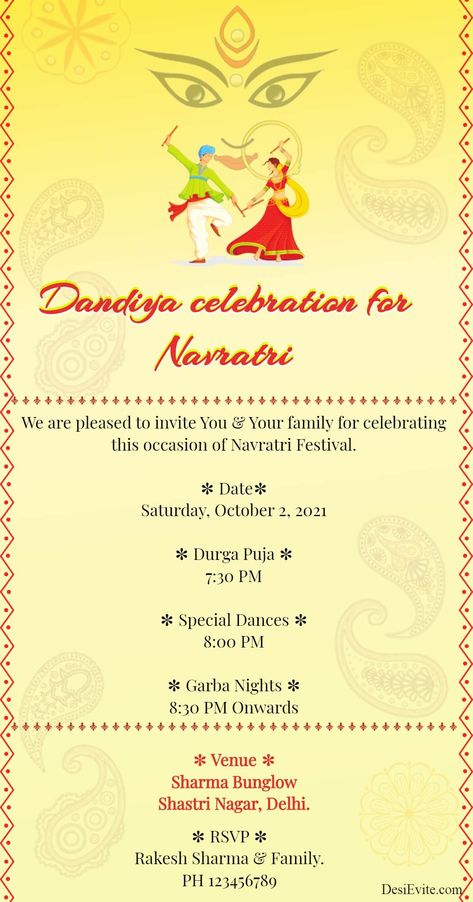 Event Name Ideas, Navratri Dandiya, Navratri Greetings, Navratri Festival, Name Ideas, Durga Puja, Invitation Card Design, Board Ideas, Invitation Cards