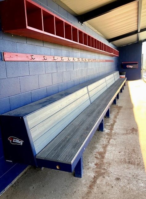 #dugout #dugoutfurniture #dugoutbenches #baseballbenches #baseballstorage #helmetrack #helmetstorage #benches #softballbenches #sportcomplex #baseballracks #baseballbatrack Baseball Dugout Ideas, Indoor Baseball Facility, Softball Dugout, Athletic Locker, Baseball Bat Rack, Indoor Batting Cage, Softball Helmet, Baseball Dugout, Helmet Storage