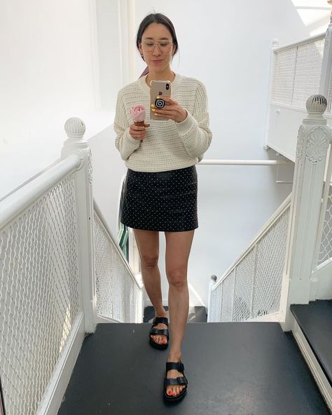 The Only 5 Shoe Styles Worth Owning, According to Eva Chen | Who What Wear White Eva Birkenstocks Outfit, White Eva Birkenstock Outfit, Eva Chen Street Style, Black Slide Sandals Outfit, Birkenstock Sneakers Outfit, Silver Slides Outfit, Birkenstock Style Outfit, Beige Birkenstocks Outfit, Birkenstock Eva Sandals Outfit