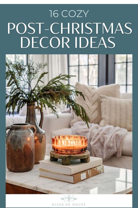 Farmhouse Winter Table Centerpieces, After Christmas Coffee Table Decor, Coffee Table Decor Winter, Winter Bathroom Decor Ideas, Winter Kitchen Table Decor, Winter Fireplace Decor After Christmas, Winter Coffee Table Decor, January Decor After Christmas, January Decorating Ideas