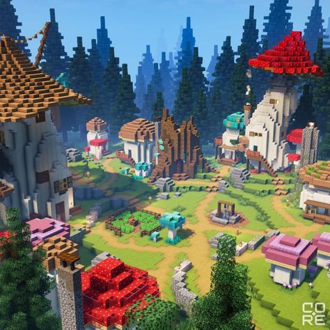 Mushroom World Minecraft, Minecraft Fantasy Town Ideas, Minecraft Fantasy World Ideas, Minecraft Brown Mushroom, Magical Village Minecraft, Minecraft Colorful Village, Mc Fairy House, Minecraft Pixie Hollow, Minecraft Multiplayer Ideas