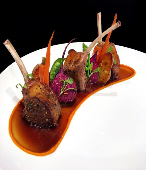 Seared #Lamb Chops, Roasted Beet, Carrot, Snap Peas, Roasted Fingerling Potatoes, Carrot Purée, Reduced Marsala/Pan Sauce   By Chef Richard Knott     #Chef #BestChef #TheBestChef #RichardKnott #UnitedStates #USA #ChefNetwork #BestChefNetwork #TheBestChefNetwork #FoodArt #FineDining #BCN #TBCN Seared Lamb Chops, Fancy Food Presentation, Design Cibo, Food Presentation Plates, Food Plating Techniques, Gourmet Food Plating, Roasted Fingerling Potatoes, Pan Sauce, Decorações Com Comidas