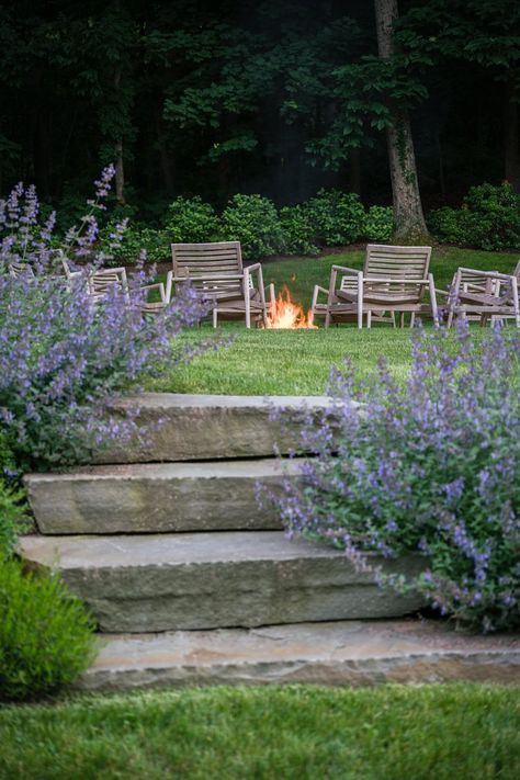 Rye Terrace — Werner Hendrickson Landscape Architecture Landscaping Hill, Hill Landscaping Ideas, Terraced Yard, Riverside Landscape, Spring Perennials, Landscaping On A Hill, Stone Fire Pit, Boxwood Topiary, Stone Fountains