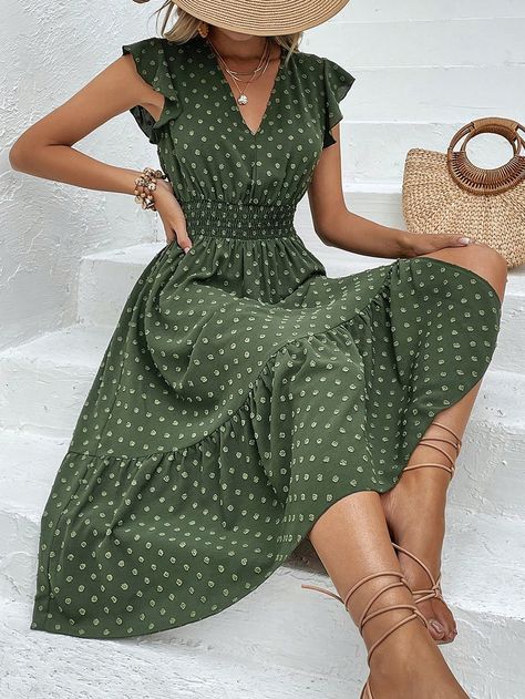 Green Casual Collar Cap Sleeve Fabric Plain A Line Embellished Non-Stretch  Women Clothing Latest Casual Dress, Vintage Dresses Online, Green Summer Dresses, Print Butterfly, Butterfly Sleeve, Short Dresses Casual, Ruffle Hem Dress, Stylish Dress Designs, Swiss Dot