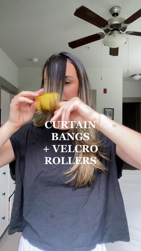 Bri Rubinich on TikTok How To Curl Bangs With Rollers, How To Style Curtain Bangs With Rollers, How To Use Rollers In Hair, How To Style Curtain Bangs Tutorial, How To Curl Curtain Bangs, Curl Curtain Bangs, How To Use Curlers, Velcro Rollers Tutorial, Velcro Curlers