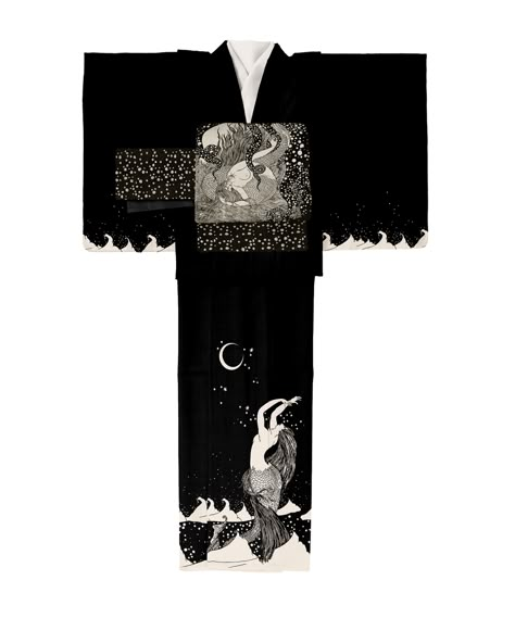 Black Kimono Traditional, Traditional Asian Clothing, Pretty Kimonos, Kimono Traditional, Kimono Outfits, Dark Mermaid, Ivory Color Palette, Japanese Traditional Clothing, Modern Kimono