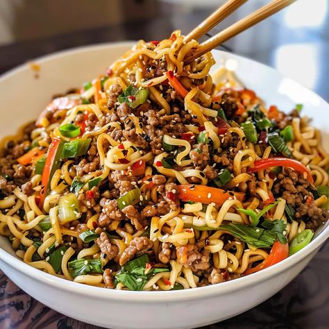 Asian Ground Beef Noodles Recipe - Ground Turkey Asian Noodles, Asian Ground Beef Noodles, Ground Beef And Ramen, Ground Beef Asian Recipes, Beef And Ramen, Hoisin Beef Noodles, Noodles With Ground Beef, Asian Ground Beef, Hoisin Beef