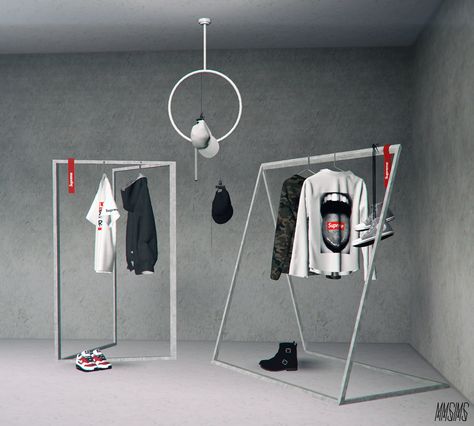 Sims 4 Clothes Rack, Sims 4 Cc Hanging Clothes, Sims 4 Hanging Clothes Cc, Sims 4 Clothing Rack, Retail Clothing Racks, Sims Inspiration, Three Logo, Closet Rack, Sims 4 Clutter