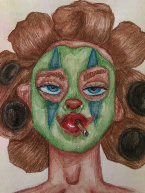 Mask On Face Drawing, Drawing Mask Faces, Face Mask Drawing Reference, Drippy Eyes Drawing, 80s Drawings Ideas, Clown Mask Drawing, Clown Drawing Aesthetic, Weird Faces Drawing, 80s Drawings