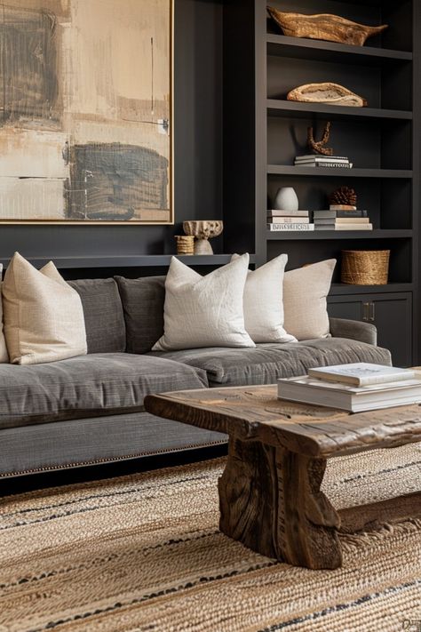 Dreaming of a chic and cozy vibe? These 15 moody neutral living room designs blend rich textures, muted tones, and stylish decor to create the ultimate inviting space. Perfect for modern and timeless interiors alike! Pin now for endless inspiration. 🛋️✨ #LivingRoomIdeas #NeutralDecor #HomeInspiration Masculine Contemporary Living Room, Living Room Redecorating Ideas, Moody Beige Living Room, Moody European Living Room, Neutral Moody Living Room, Dark Small Living Room, Dark Brown Living Room Decorating Ideas, Farmhouse Aesthetic Living Room, Moody Rustic Living Room