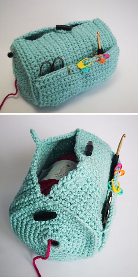 a crocheted bag with crochet tools Crochet Yarn Bag, Small Crochet Gifts, Crochet Ball, Cozy Crochet Patterns, Crochet Storage, Quick Crochet Patterns, Crochet Bag Pattern Free, Mode Crochet, Crochet Tools