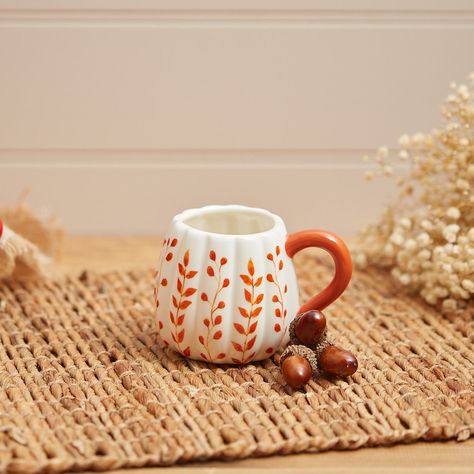 Pumpkin Pottery, Mug Painting, Diy Pottery Painting, Pottery Painting Ideas, Simple Kitchen Design, Pumpkin Mug, Pattern Mug, Paint Your Own Pottery, Orange Leaves