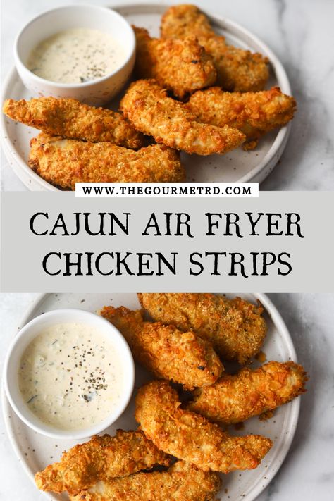 Cajun Air Fryer Chicken, Cajun Air Fryer Recipes, Corn Flake Chicken Tenders Air Fryer, Air Fryer Cornflake Chicken Tenders, Chicken Strip Recipes Air Fryer, Cajun Chicken Tenders, Crispy Cajun Chicken, Air Fryer Chicken Strips, The Best Air Fryer Chicken