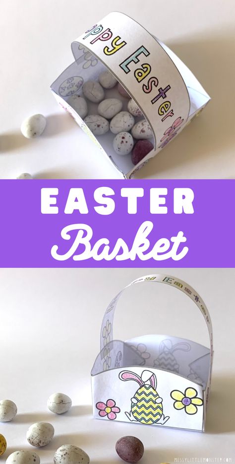 Printable Easter basket template to make an easy Easter craft for kids Paper Easter Basket Template, Easter Bunny Basket Craft, Easter Basket Printable, Easter Basket Craft, Easter Basket Template, Basket Template, Paper Easter Basket, Simple Easter Baskets, Easter Craft For Kids