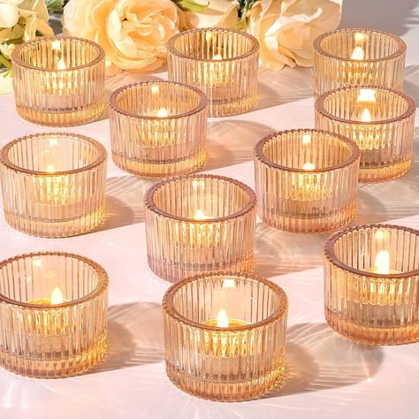 Amazon.com: HAVITI 24 pcs Tealight Gold Candle Holders, Votive Tea Light Candle Holder Glass for Gold Centerpieces Wedding Christmas Table Decor, Party Supplies, Home Decor : Home & Kitchen Small Votive Candle Holders, Tea Lights Centerpieces, Gold Votive Candle Holders, Candle Holders Glass, Gold Votive Candles, Sparkling Candle, Gold Centerpieces, Small Candle Holders, Gold Candle