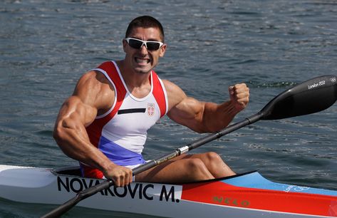 Serbia's Marko Novakovic celebrates his third place finish in a men's kayak single 200m semifinal in Eton Dorney, near Windsor, England, on August 10, 2012. Rowing Photography, Surf Kayak, Dont Skip Leg Day, Lycra Men, Olympic Athletes, Sports Lover, Canoe And Kayak, Guy Pictures, Fitness Trainer