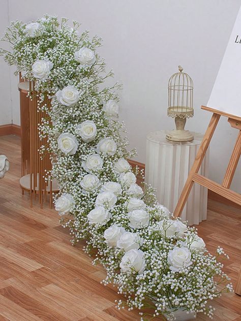 White Rose Babysbreath Artificial Flower Row Wedding Backdrop Arch Decor Hang Floral Arrangement Event Party Photo PropsI discovered amazing products on SHEIN.com, come check them out! Hanging White Flowers Backdrop, Raining Flower Backdrop, Wedding Arch Baby's Breath, All White Floral Arch, White Asymmetrical Flower Arch, Wedding Backdrop Arch, White Rose Centerpieces, Backdrop Arch, Wedding Reception Layout