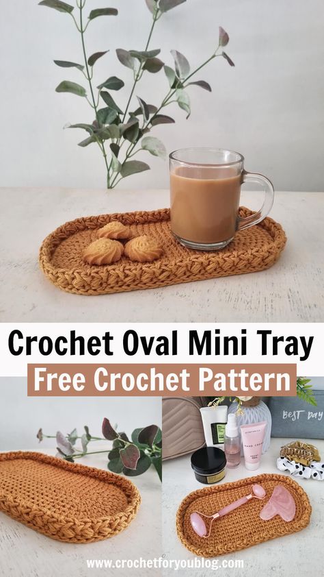 Learn how to crochet an oval mini tray that’s both decorative and functional. This versatile and modern style crochet oval mini tray perfect for tea and biscuit time or holding any small items Rug Crochet Free Pattern, Modern Crochet Decor, House Decor Crochet, Small Crochet Decor, Diy Crochet Decor, Crochet Desk Accessories Free Patterns, Kitchen Crochet Projects, Crochet For Bedroom, Crochet Kitchen Decor