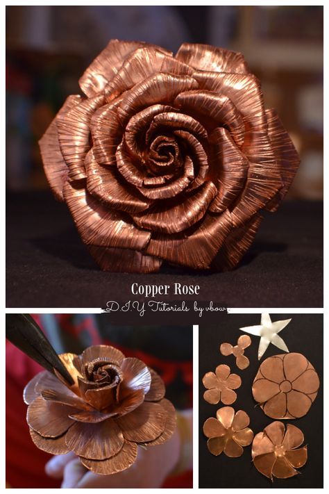 Easy Copper Rose DIY Tutorial Copper Diy Projects, Copper Projects, Copper Jewelry Diy, Lon Bia, Copper Ideas, Copper Wire Crafts, Rose Diy, Metal Roses, Iron Rose