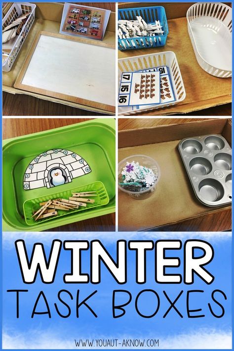 Check out these simple winter task boxes for your special education classroom! Work Boxes Special Education, Task Boxes Preschool, Sped Activities, Task Bins, Teacch Activities, Independent Work Tasks, Teacch Tasks, Vocational Tasks, Asd Classroom