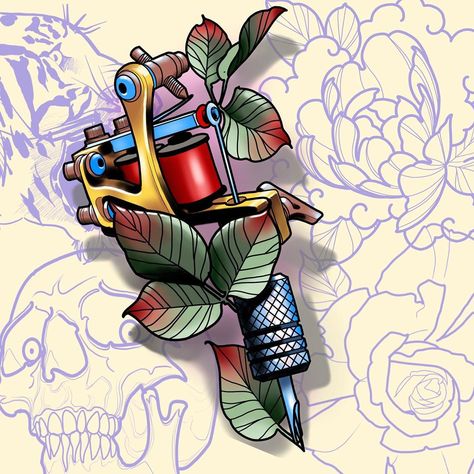 Remember when tattoo machines used to look like this? 😂😂😂 #neotrad #tattoomachine #tattooflash #jonesy #procreate #soberlife #tattooideas Tattoo Machine Stencil, Tattoo Machine Drawing Design, Neotrad Tattoo Design, Traditional Tattoo Machine, New School Tattoo Designs, Neo Traditional Tattoo Design, Tattoo Machine Drawing, Best Tattoo Machines, Tattoo Machine Art