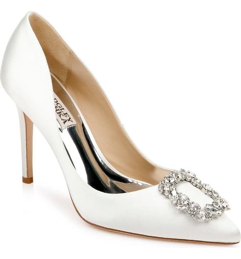 Crystal Pumps, White Weddings, White Dress Shoes, White Wedding Shoes, Badgley Mischka Shoes, Bridal Heels, Glamour Dress, Satin Pumps, White Pumps