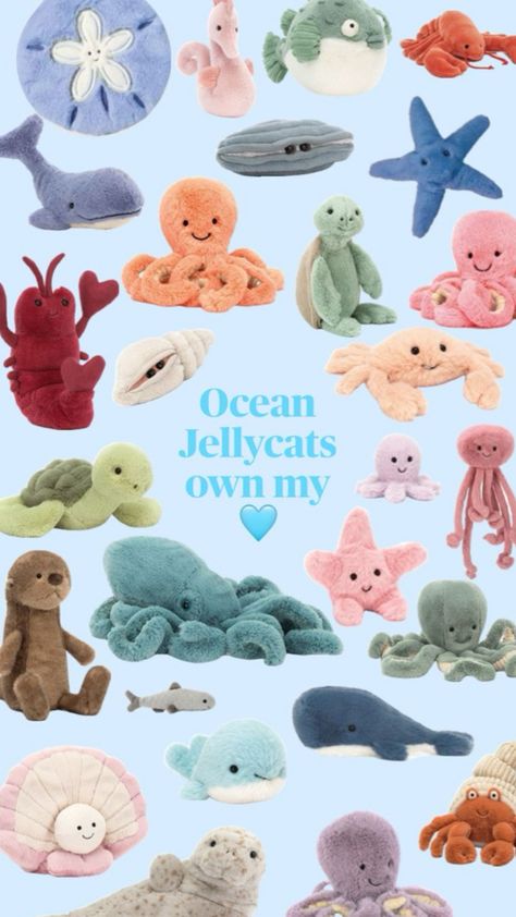 Dolphin Jellycat, Summer Jelly Cats, Ocean Stuffed Animals, Beachy Jellycats, Ocean Jellycat, Beach Jellycat, Ocean Plushies, Jellycat Octopus, Marine Poster