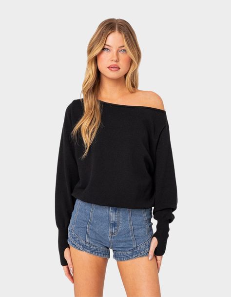 Stay Relaxed To The Max In This Essential Cozy Oversized Sweater. Throw It Over Any Outfit For The Perfect Chilled Vibe And Look Super Cool With It's Thumb Holes And Off Shoulder Detail. Sweater. Oversized Fit. Elastic Stretch Hem & Cuffs. Thumb Holes. 100% Acrilan. Model Wears Size S. Model Height Is 5'7. Item Care: Hand Wash. | Edikted Off Shoulder Oversized Sweater Cozy Oversized Sweaters, Off The Shoulder Sweater, Sweater Oversized, Girls Blouse, Off Shoulder Sweater, Sweater Design, Oversized Sweater, Thumb Holes, Ribbed Sweater