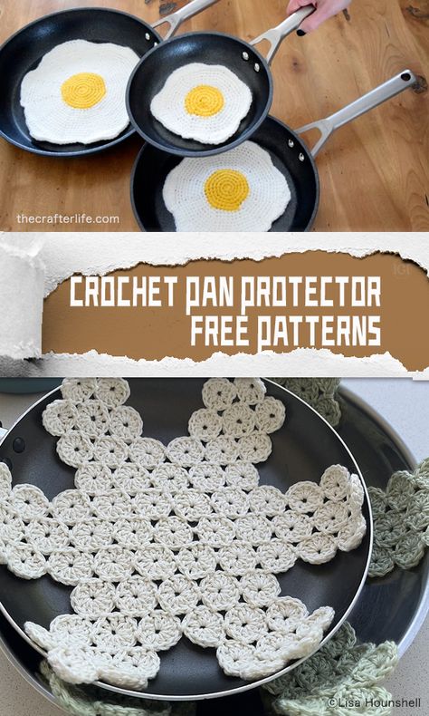 Crochet Pan Dividers, Crochet Pot Dividers, Free Crochet Patterns Functional, Crochet Pot Protectors Free Pattern, Crocheted Household Items, Crochet Dinner Mats, Kitchen Crochet Projects, Crochet House Decor Free Patterns, Crochet Kitchen Set Free Pattern