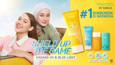 Shield Up The Game! You are on another level to fight the sun, protect and keep being active you! #WardahBeauty #BeautyMovesYou #LocalBrand #Skincare Desain Ux, Graphic Shapes Design, Being Active, Japanese Skincare, Commercial Ads, Instagram Template Design, Beauty Ad, Beauty Clinic, Cosmetic Design