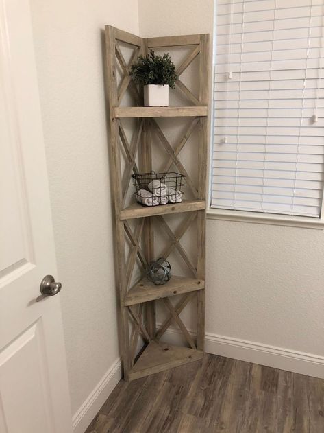 Extra Corner Space In Living Room, Corner Shelf Laundry Room, Corner Shelf Bathroom Decor, Diy Farmhouse Corner Shelf, Corner Bathroom Shelf Ideas, Hallway Corner Ideas, Shabin Ideas, Awkward Corner Space Living Room, Corner Cabinet Ideas Living Room